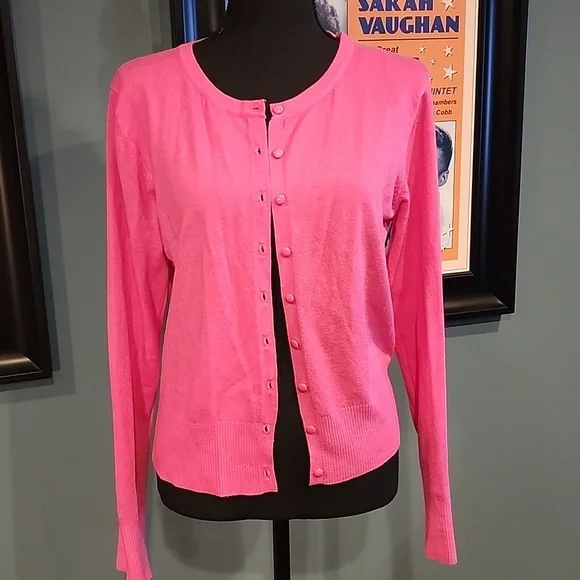 Pink Knit Button Down Cardigan Long Sleeve Sweater Medium - Picture 1 of 8